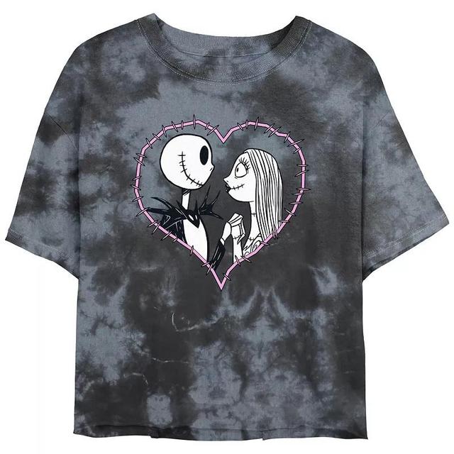 Disneys The Nightmare Before Christmas Jack And Sally Love Crop Top Bombard Wash Juniors Graphic Tee, Womens Grey Product Image