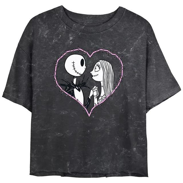 Disneys The Nightmare Before Christmas Jack And Sally Love Crop Top Mineral Wash Juniors Graphic Tee, Womens Product Image