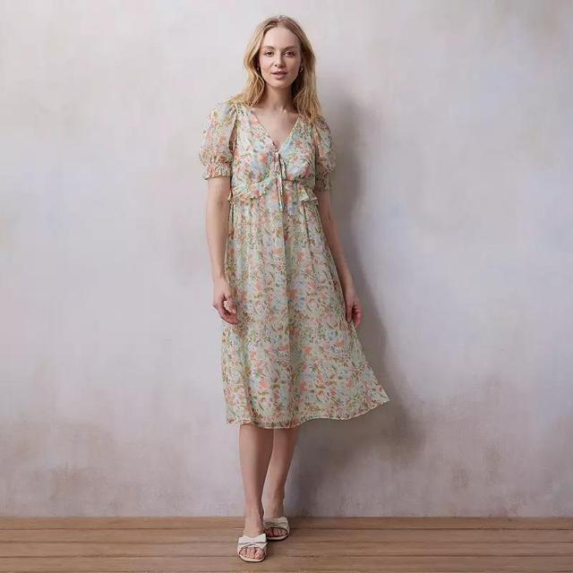 Womens LC Lauren Conrad Floral Print Pleated Empire Waist Chiffon V-Neck Midi Dress Blue Jardin Venteux Product Image