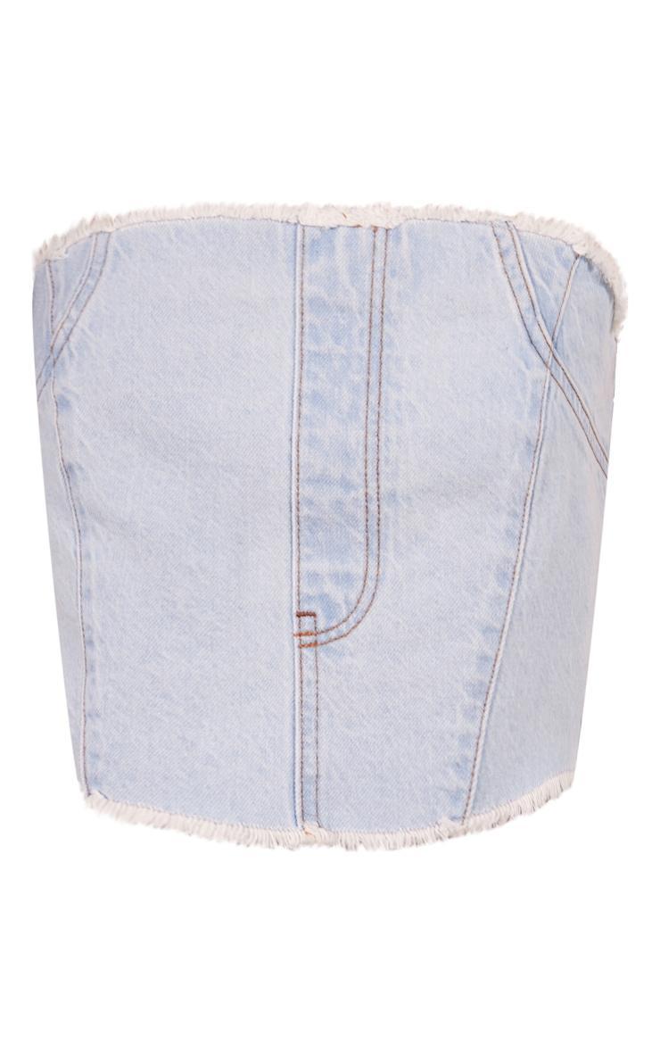 Light Blue Wash Seam Front Raw Edge Denim Bandeau Top Product Image