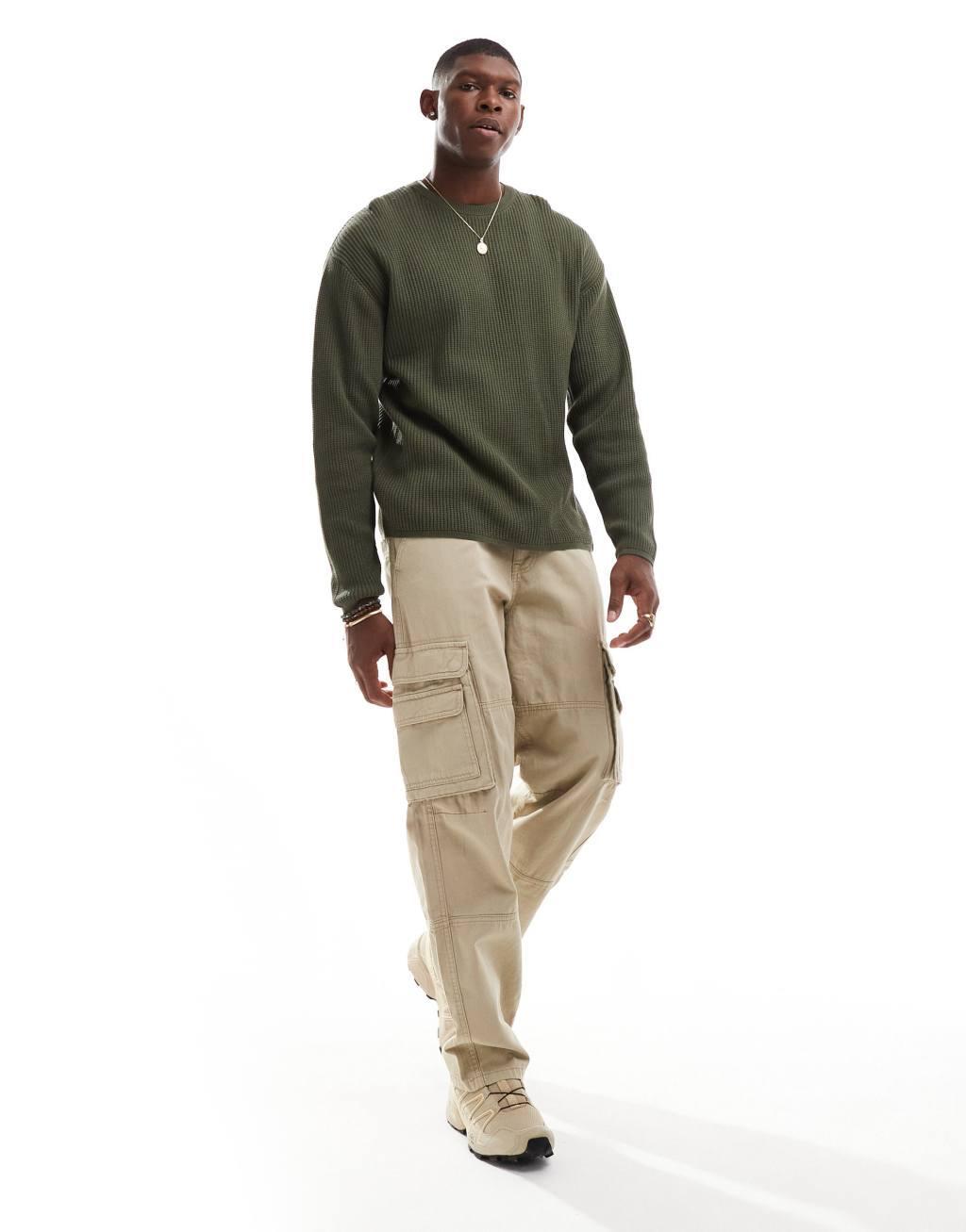 Pull&Bear ribbed knit sweater in khaki Product Image