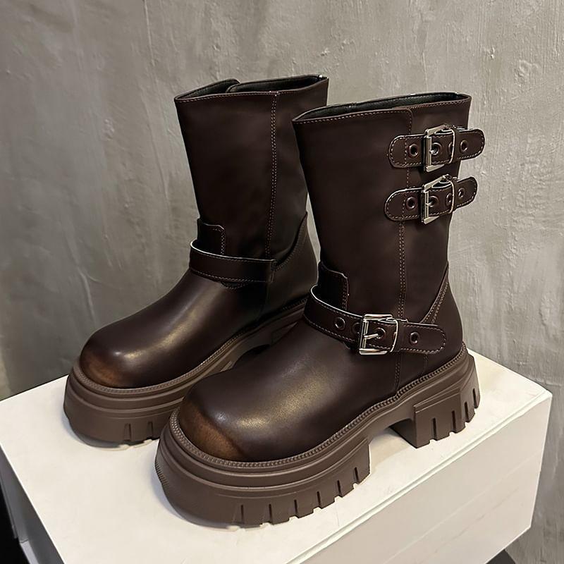 Platform Plain Buckled Short Boots Product Image