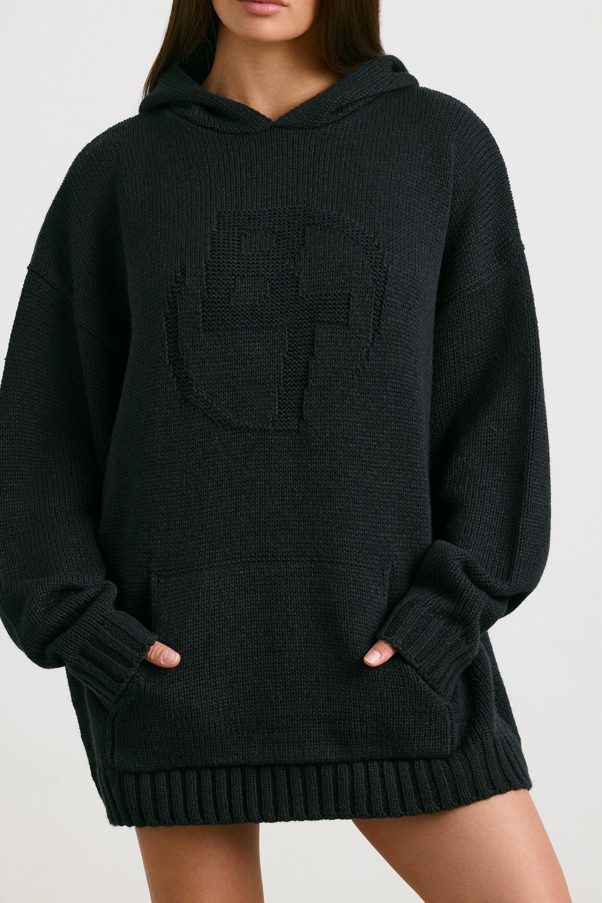 Oversized Chunky Knit Hoodie in Black Product Image