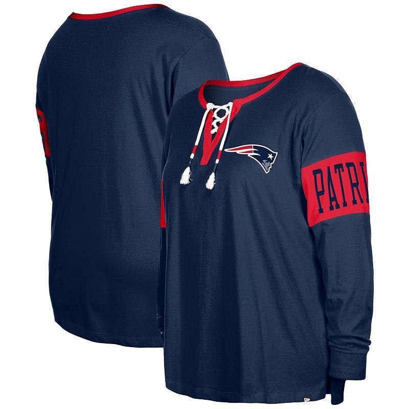 Womens New Era New England Patriots Plus Size Lace-Up Notch Neck Long Sleeve T-Shirt Blue Product Image