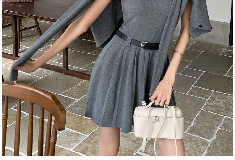 Set: Sleeveless Round Neck Plain Pleated Knit Mini A-Line Dress + Round Neck Cardigan + Belt Product Image