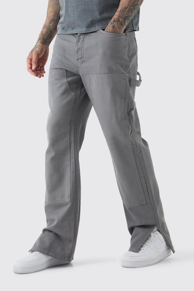 Tall Relaxed Overdye Carpenter Split Hem Pants In Charcoal | boohooMAN USA Product Image