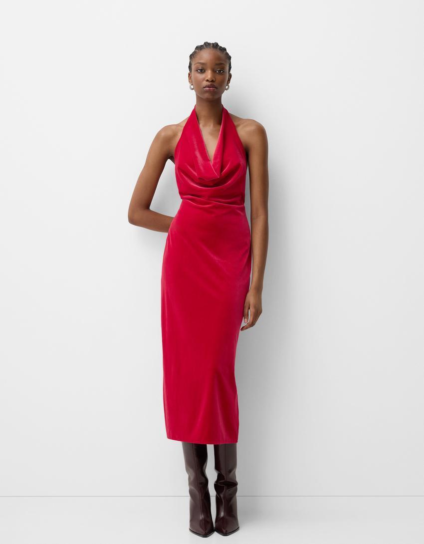 Velvet halter neck midi dress Product Image