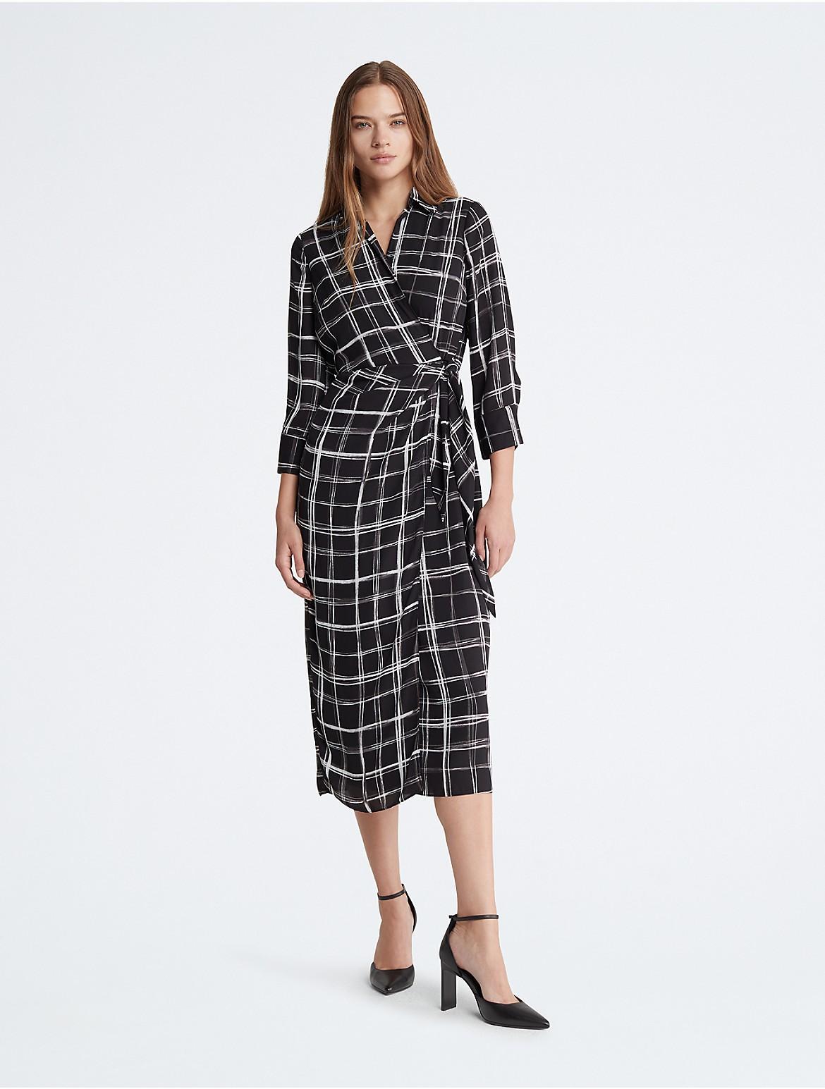 Calvin Klein Womens Wrap Plaid Maxi Dress - Black - 0 Product Image