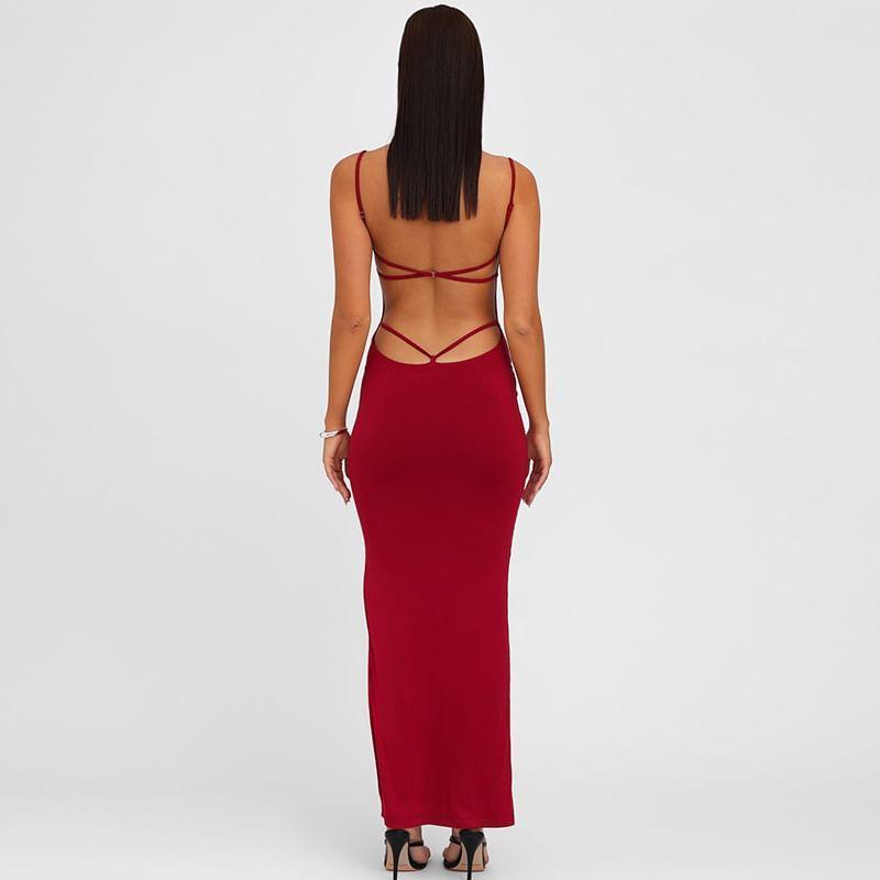 Spaghetti Strap Plain Midi Mermaid Dress Product Image