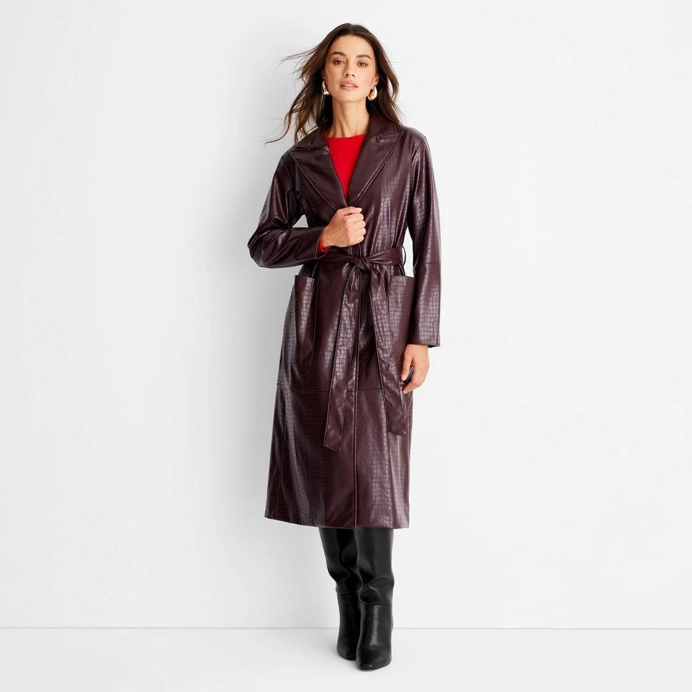 Women's Faux Croc Trench Coat - A New Day™ Burgundy XL Product Image