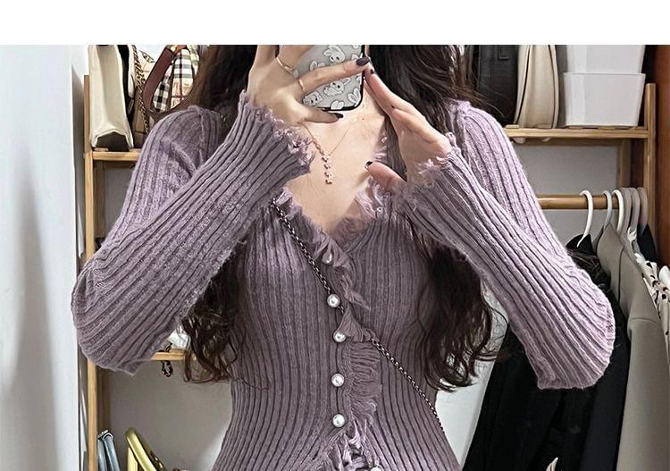 Long-Sleeve V-Neck Fringed Button Ribbed Knit Top Product Image