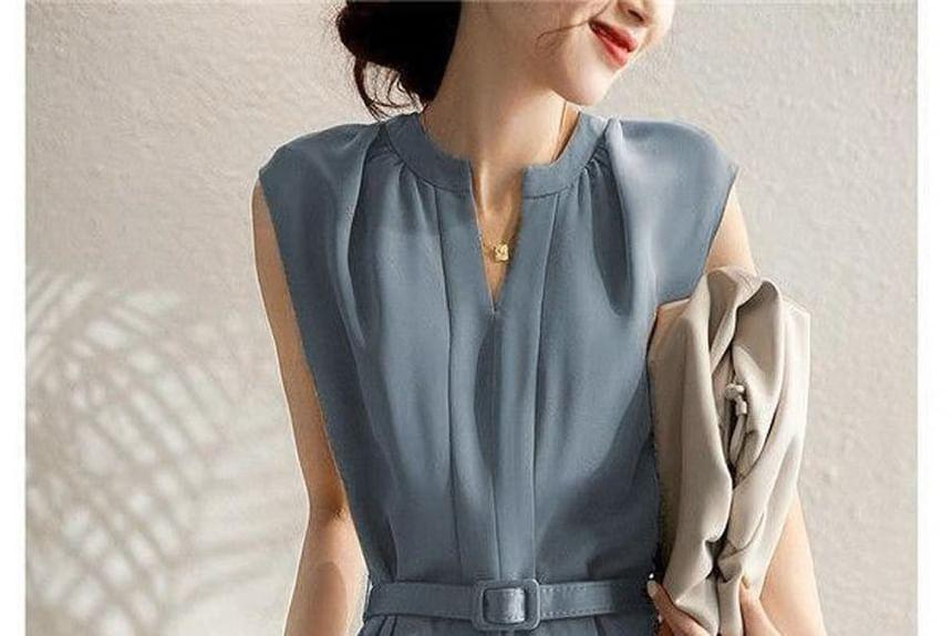 Set: Sleeveless Notch Neck Plain Wide Leg Jumpsuit + Belt Product Image