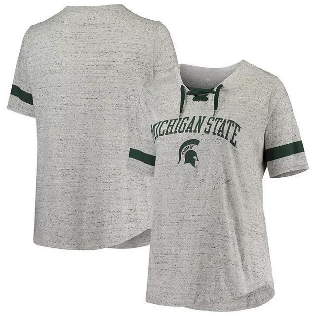 Womens Heathered Gray/Green Michigan State Spartans Plus Size Lace-Up V-Neck T-Shirt Product Image