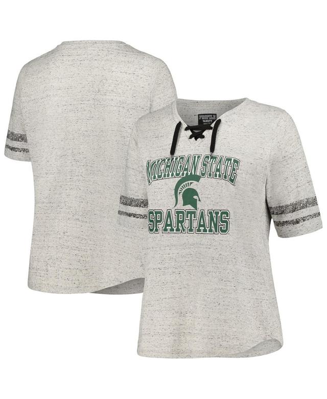 Womens Profile Heather Gray Michigan State Spartans Plus Size Striped Lace-Up T-Shirt Product Image