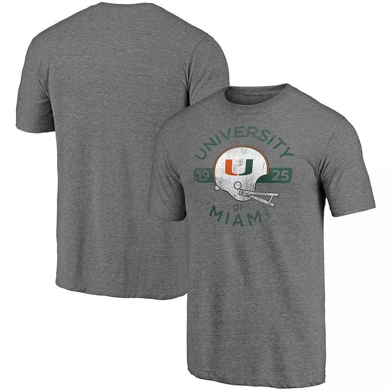 Mens Heathered Gray Miami Hurricanes Throwback Helmet Tri-Blend T-shirt Product Image