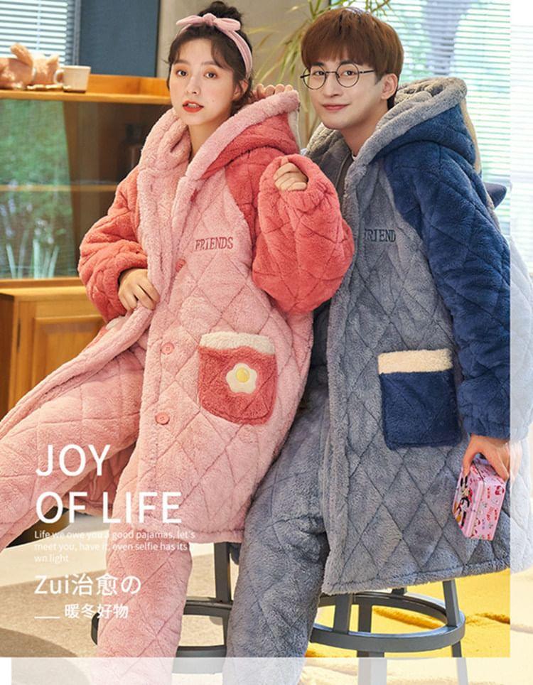 Couple Matching Pajama Set: Cartoon Patterned Hood Coral Fleece Button Jacket + Straight Leg Pants Product Image