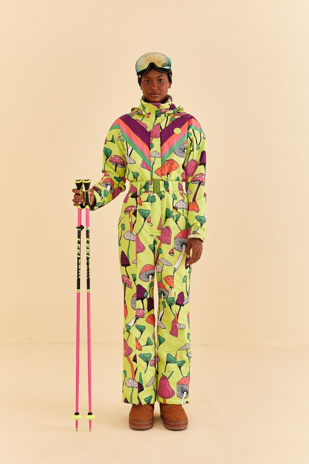 Lime Green New Mushroom Ski Jumpsuit, MUSHROOMS / XXS Product Image