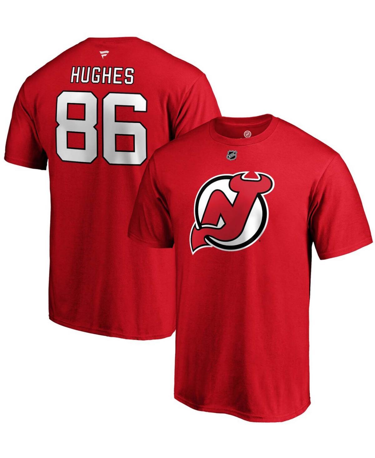 Mens Fanatics Branded Jack Hughes Red New Jersey Devils Authentic Stack Name & Number T-Shirt Product Image