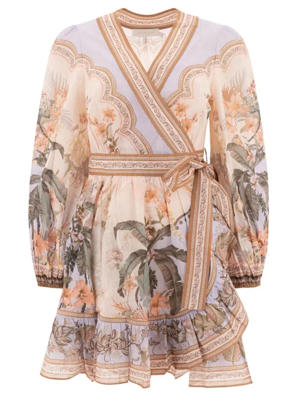 ZIMMERMANN Wylie Mini Wrap Frill Dress In Neutrals Product Image