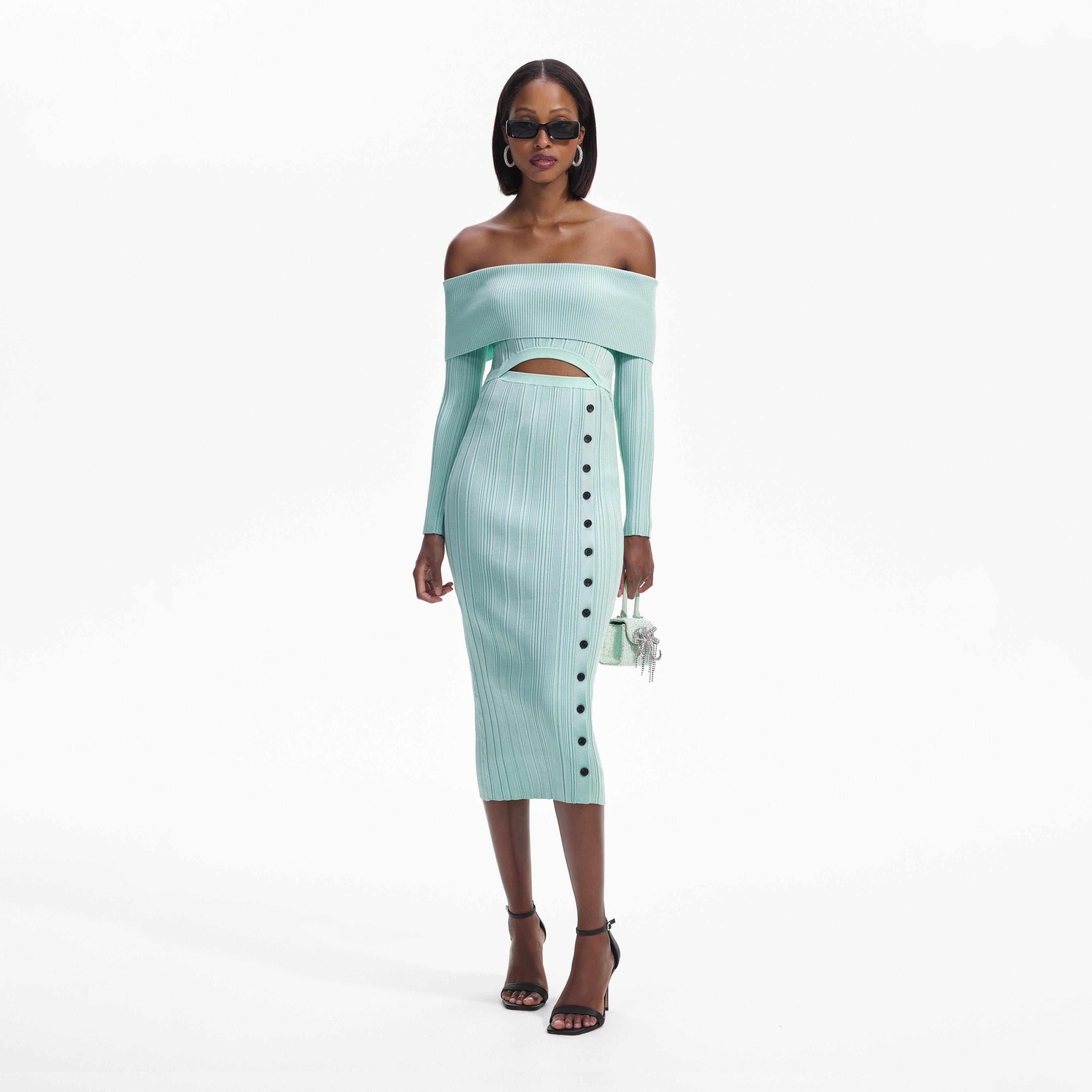 Mint Off Shoulder Knit Midi Dress Product Image