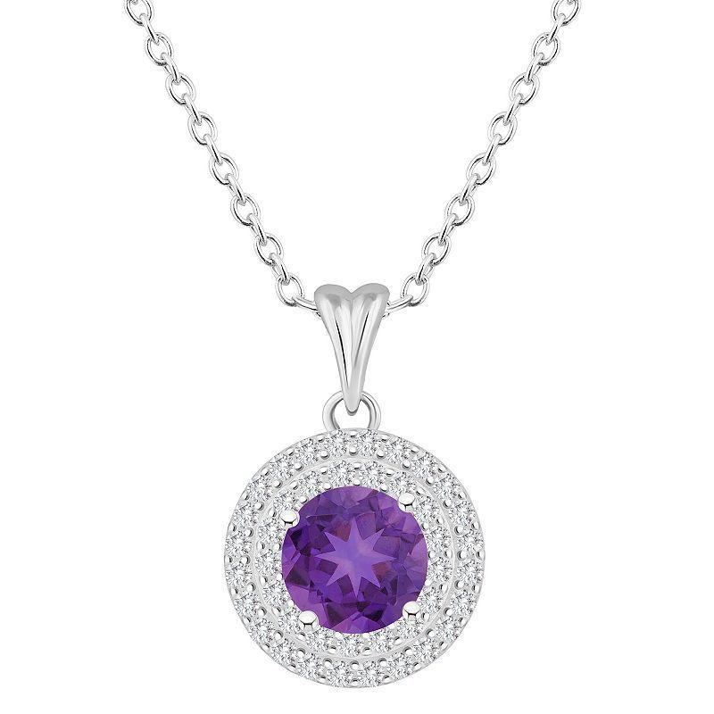 Celebration Gems Sterling Silver Round-Cut Amethyst & White Topaz Double Halo Pendant Necklace, Womens Purple Product Image