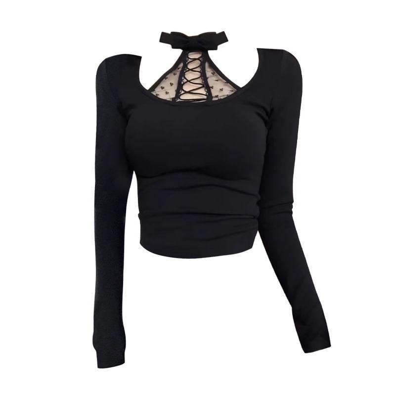 Long Sleeve Halter Plain Bow Panel Mesh Top Product Image