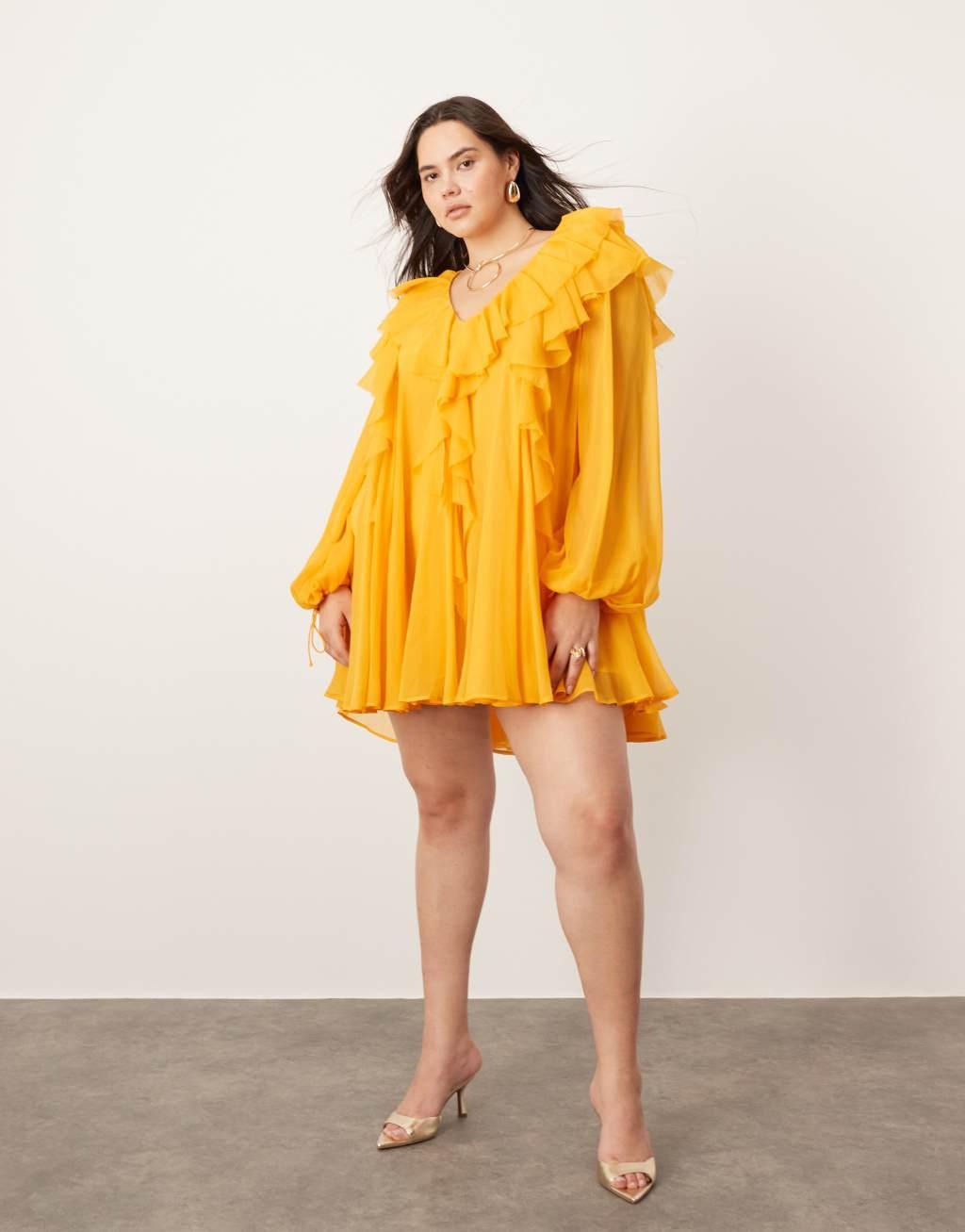 ASOS EDITION Curve chiffon raw edge ruffle mini dress in orange Product Image