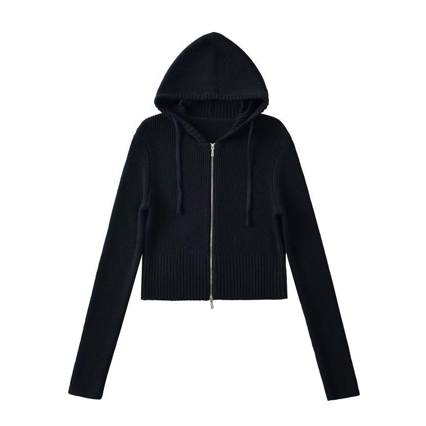 Plain Zip-Up Crop Knit Hoodie Product Image