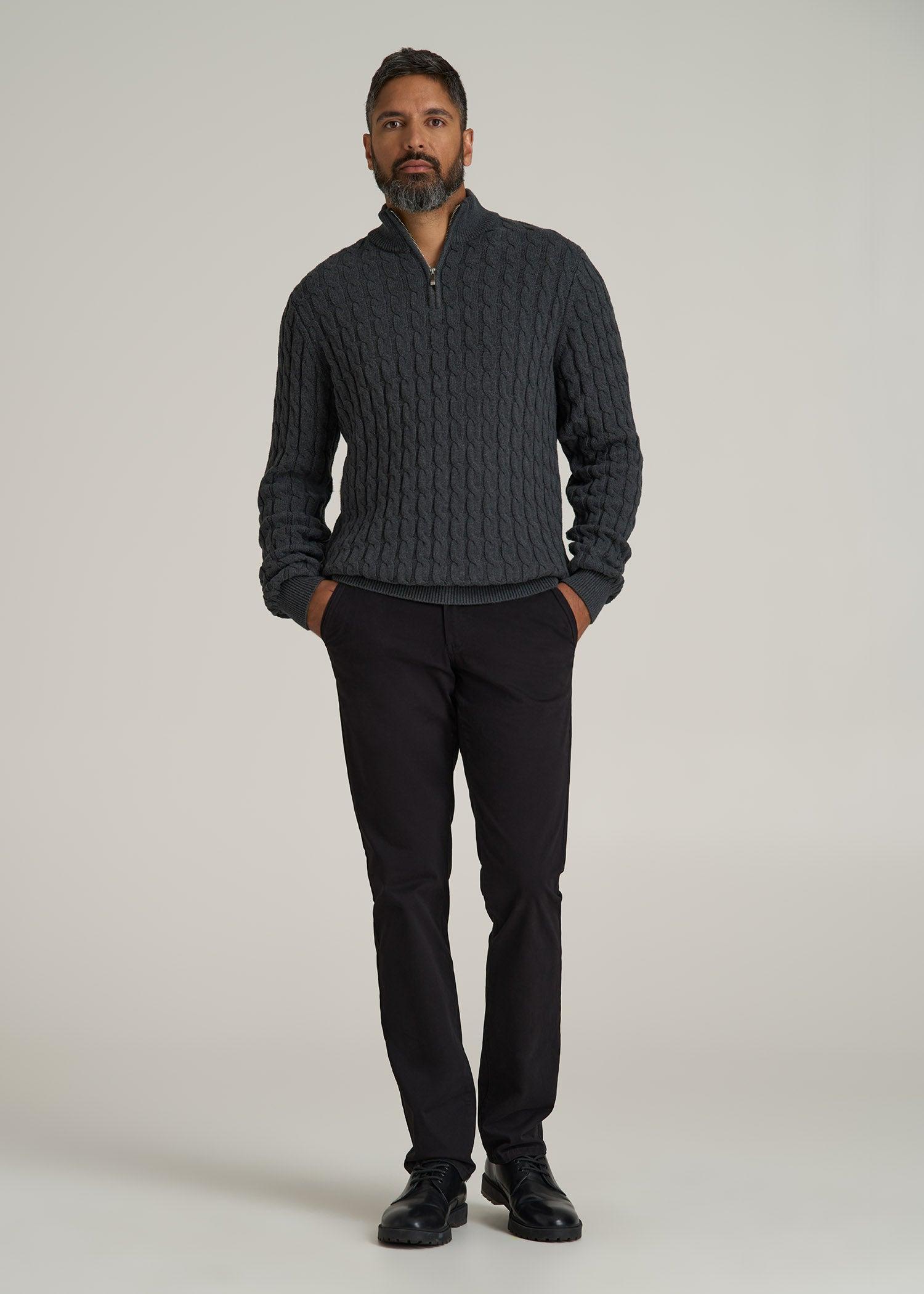 Cable Knit Half Zip Sweater for Tall Men in Charcoal Mix Male Product Image