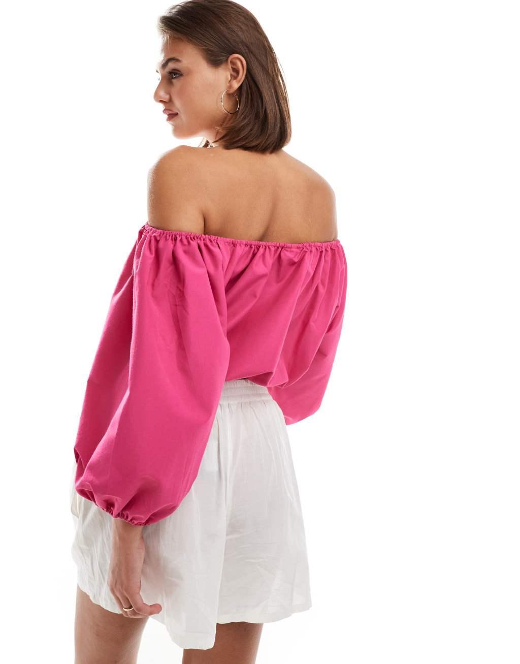 JDY off the shoulder balloon sleeve top in pink Product Image