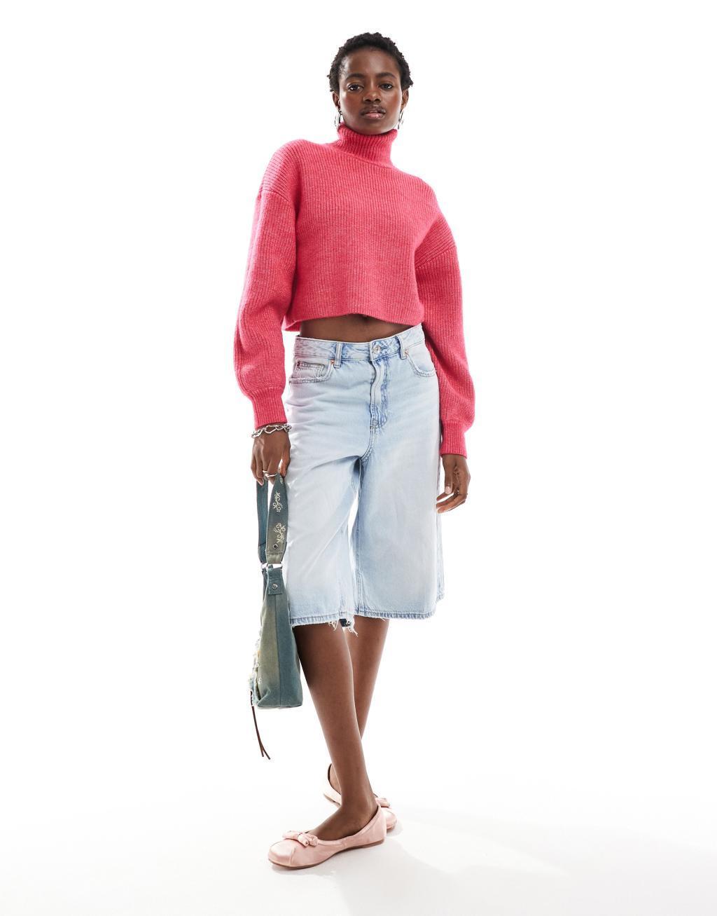 Monki cropped high neck sweater in pink Product Image