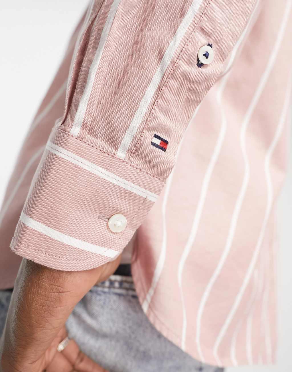 Tommy Hilfiger striped regular fit long sleeve shirt in pink Product Image