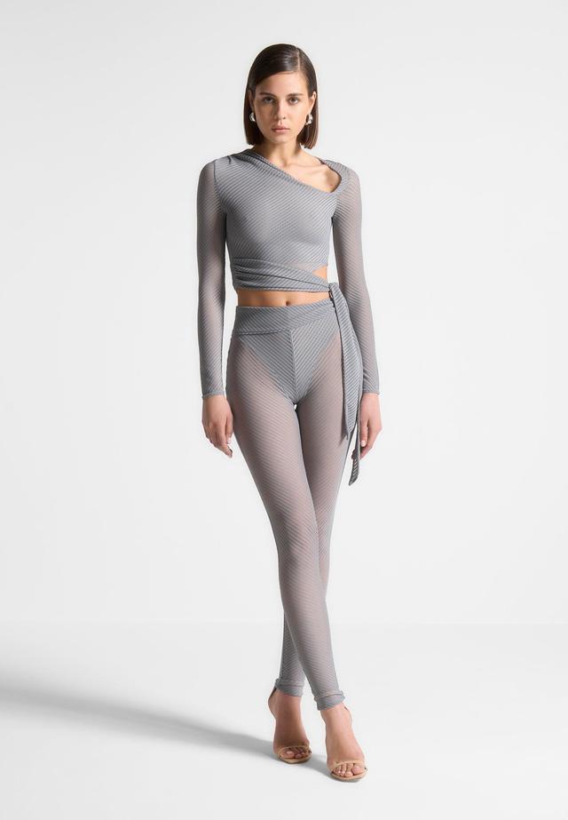 Ribbed Sheer Top with Tie - Grey Female Product Image