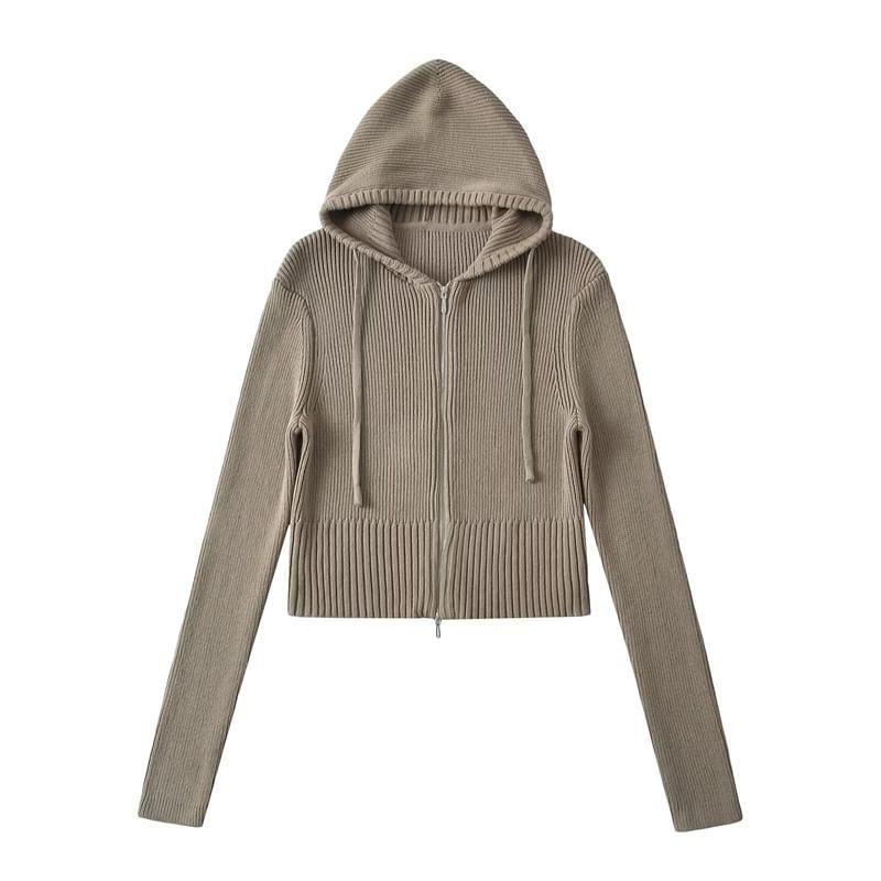 Drawstring Hooded Plain Zip Up Cropped Ribbed Knitted Cardigan Product Image