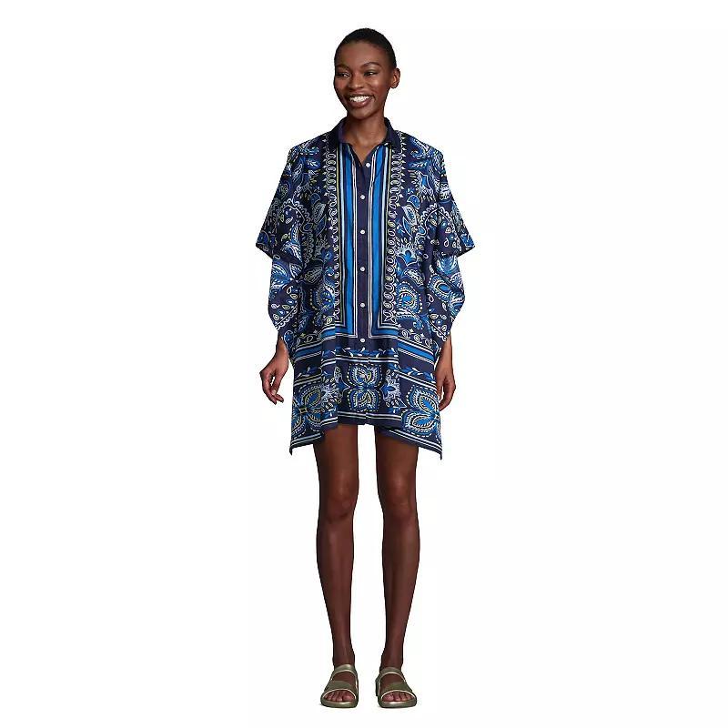 Petite Lands End Poplin Swim Cover-Up Shirtdress, Womens Blue Vertical Stripe Product Image