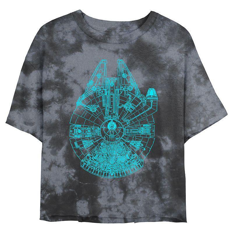 Juniors Star Wars: Millennium Falcon Outline Wash Graphic Crop Tee, Girls Black Grey Product Image