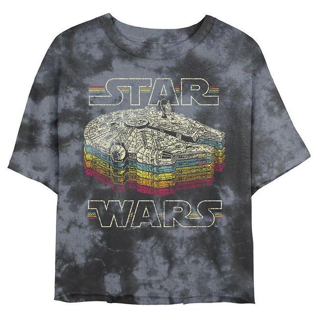 Juniors Star Wars: Retro Falcon Stacked Logo Wash Graphic Crop Tee, Girls Black Grey Product Image