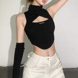 Set: Halter-Neck Cutout Plain Crop Top + Arm Sleeves product image