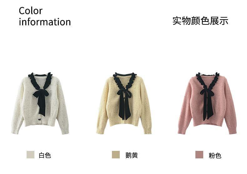 V-Neck Ribbon Neck Button-Up Crop Cardigan Product Image