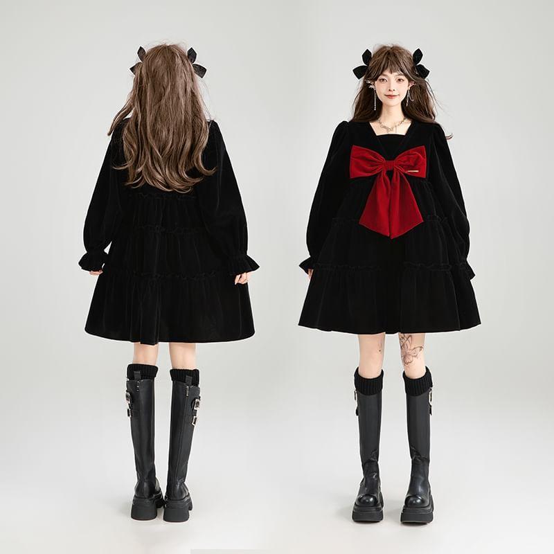 Long Sleeve  Square Neck Bow Velvet Mini A-Line Dress Product Image