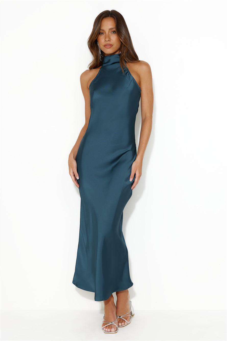 Crystal Glass Satin Maxi Dress Teal Product Image