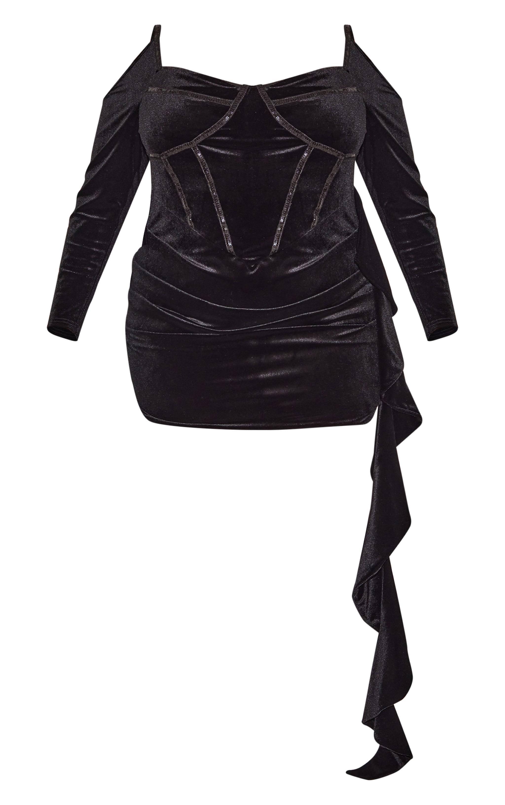 Plus Black Bardot Sleeve Seam Detail Velvour Mini Dress Product Image