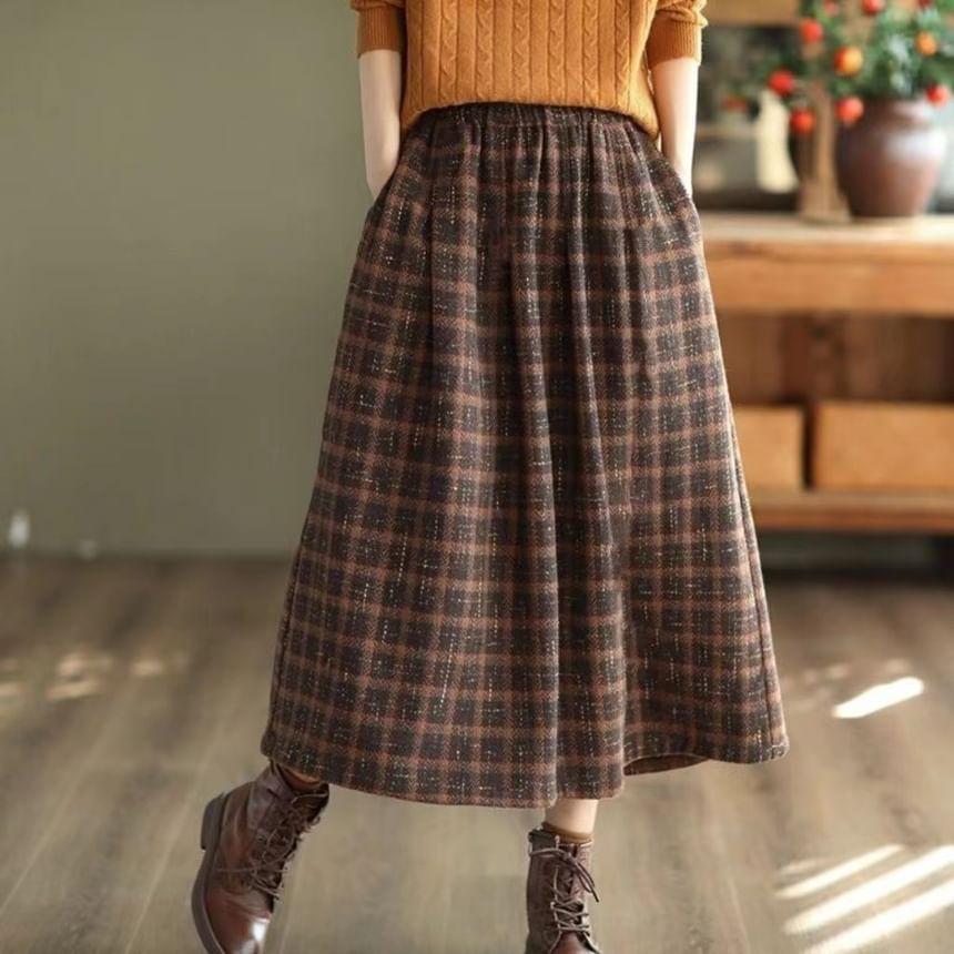 High Waist Plaid Midi A-Line Skirt Product Image