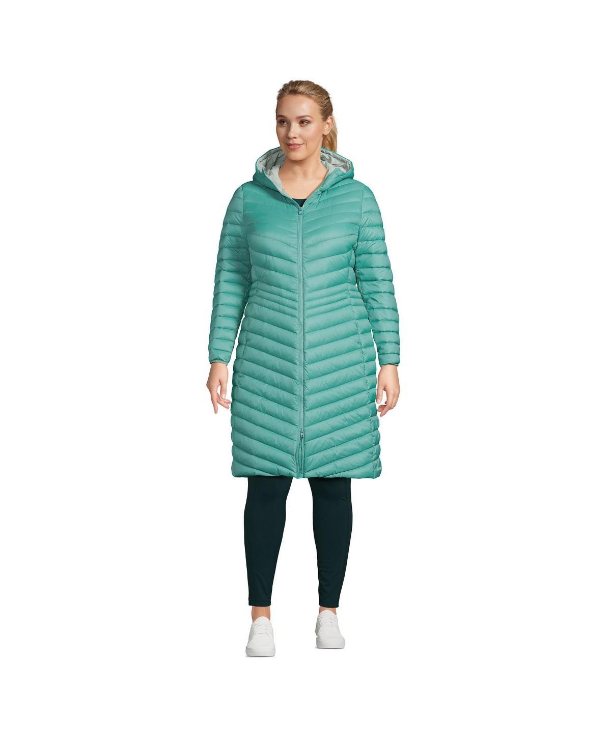 Plus Size Lands End Wanderweight Ultralight Packable Long Down Coat, Womens Evening Green Product Image