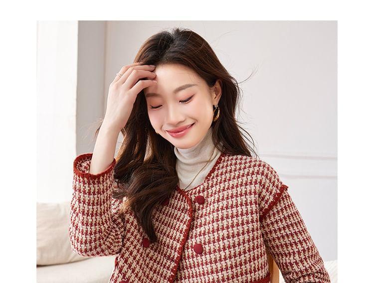 Round Neck Houndstooth Double Breasted Cropped Tweed Jacket Product Image