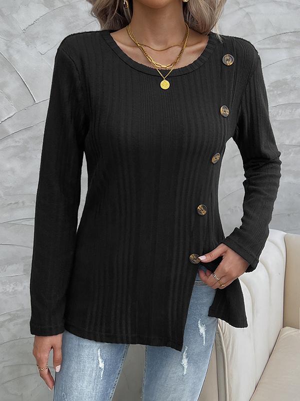 Long Sleeves Loose Buttoned Split-Front Split-Joint Round-Neck T-Shirts Tops Product Image