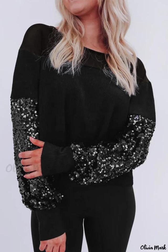 Olivia Mark – Elegant Black Sequin Patchwork Lantern Sleeve Blouse Product Image