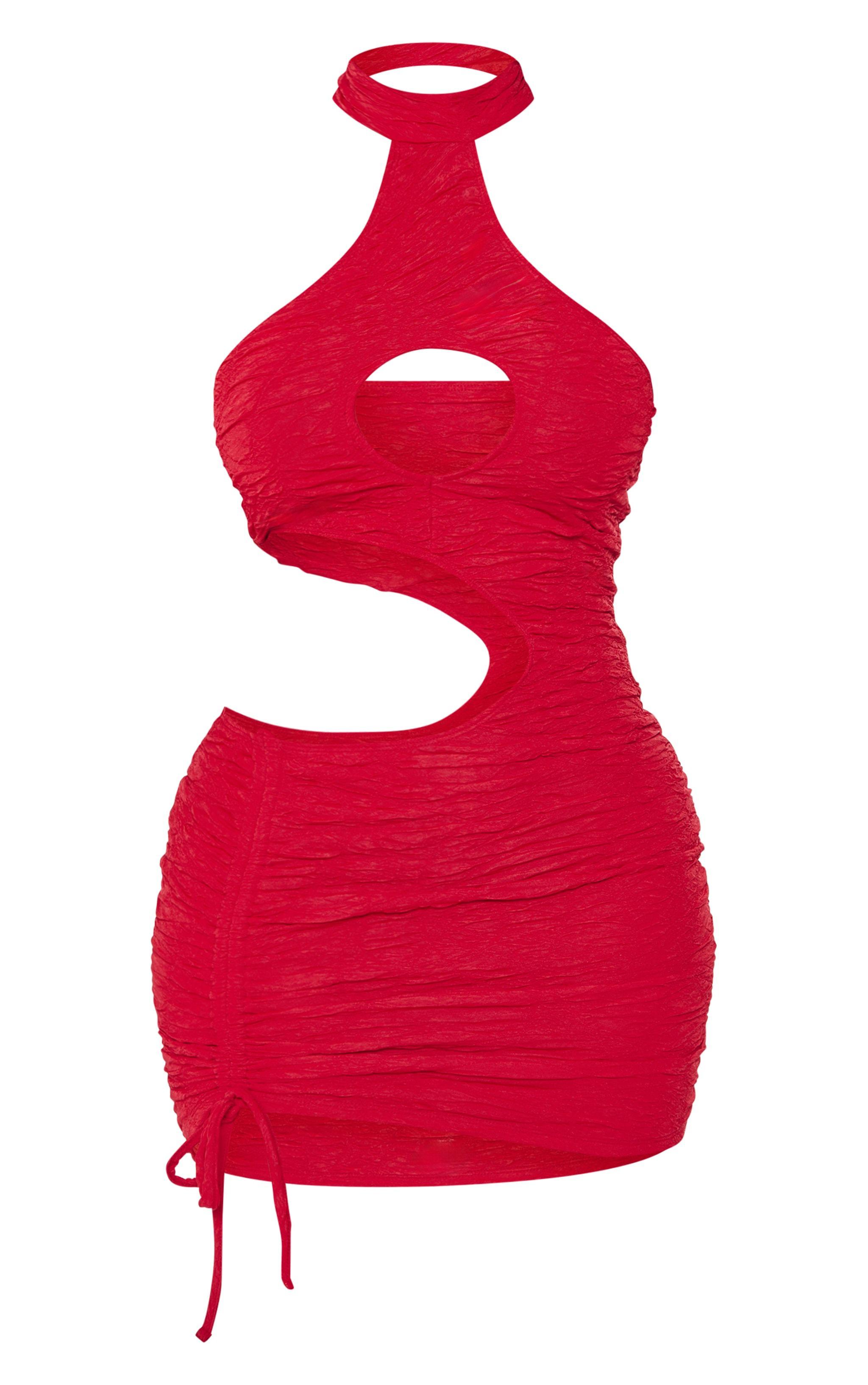 Shape Bright Red Textured High Neck Cut Out Bodycon Dress Product Image