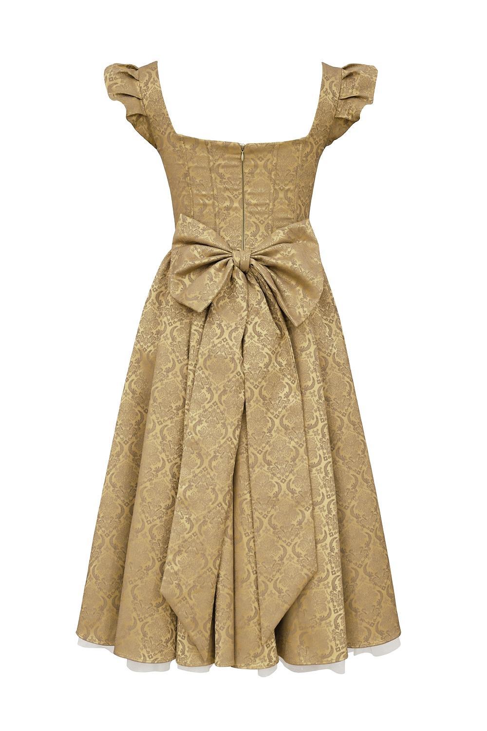 Alessandra Gold Jacquard Midi Dress with Detachable Bow Product Image