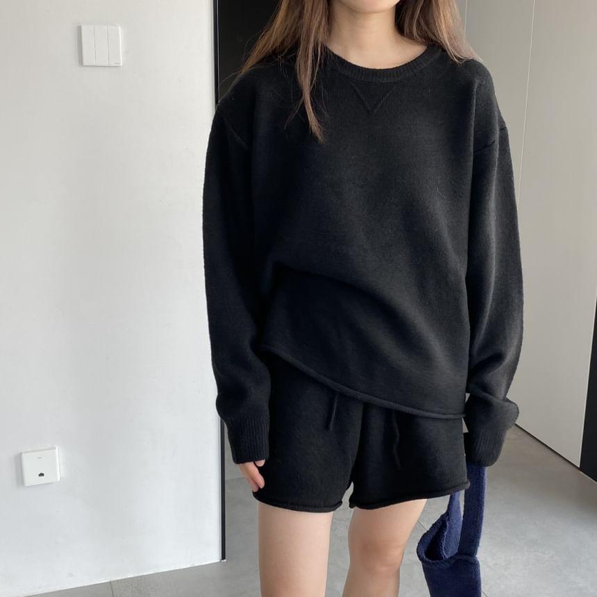 Set: Round Neck Plain Oversized Sweater + High Waist Shorts Product Image